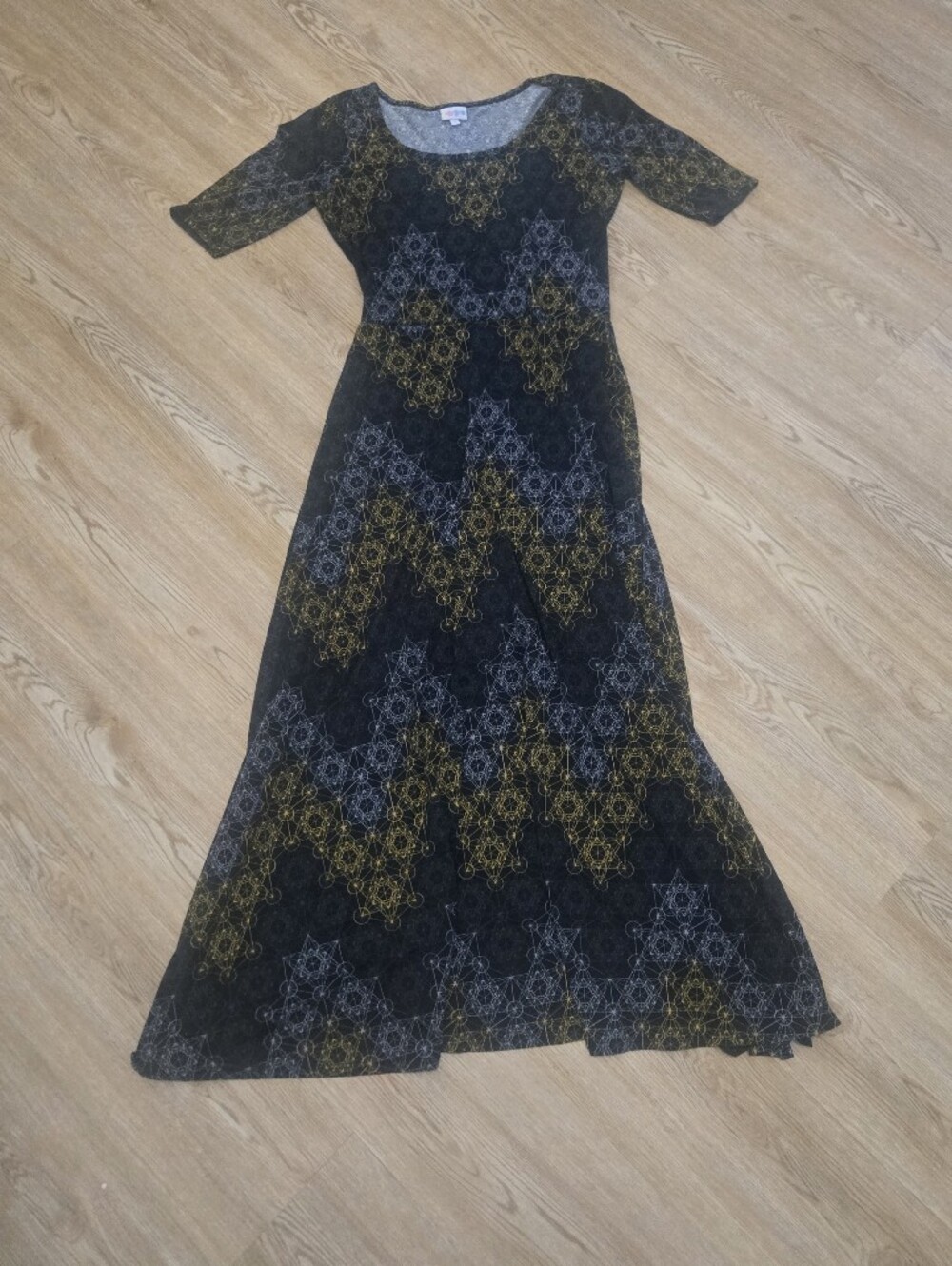 LuLaRoe Black Maxi Dress with Gold and Gray Pattern